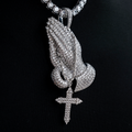 Large Iced Praying Hands with Cross Pendant in White Gold