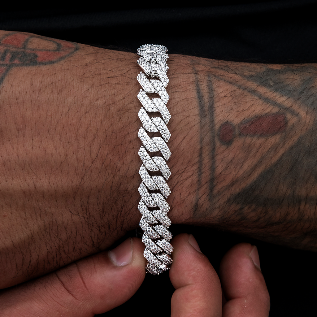 GLD Lock & Key Diamond Prong Cuban Bracelet in White Gold- 12mm