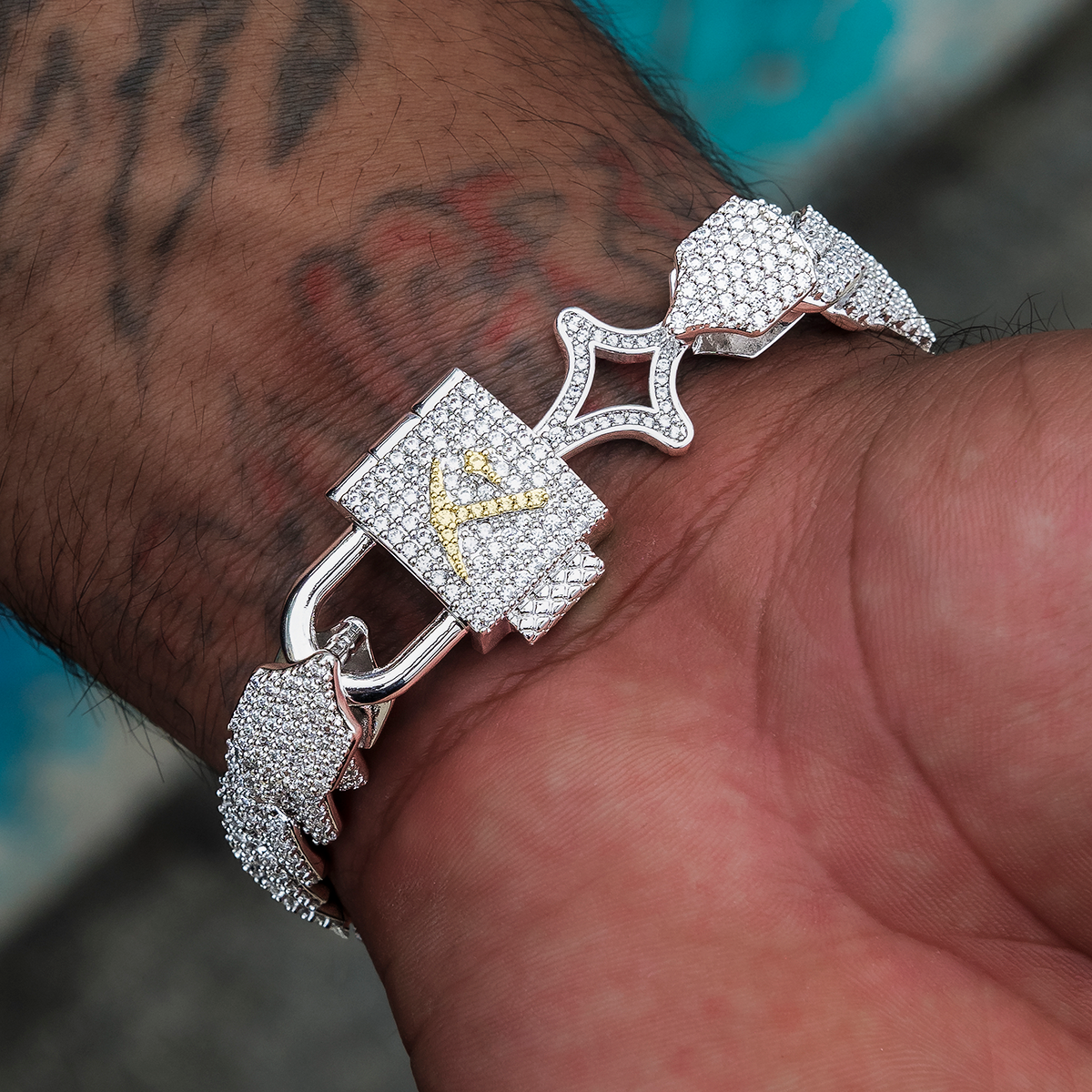 GLD Lock & Key Diamond Prong Cuban Bracelet in White Gold- 12mm