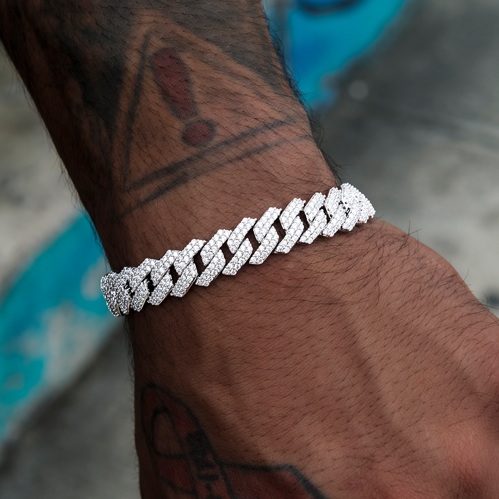 GLD Lock & Key Diamond Prong Cuban Bracelet in White Gold- 12mm