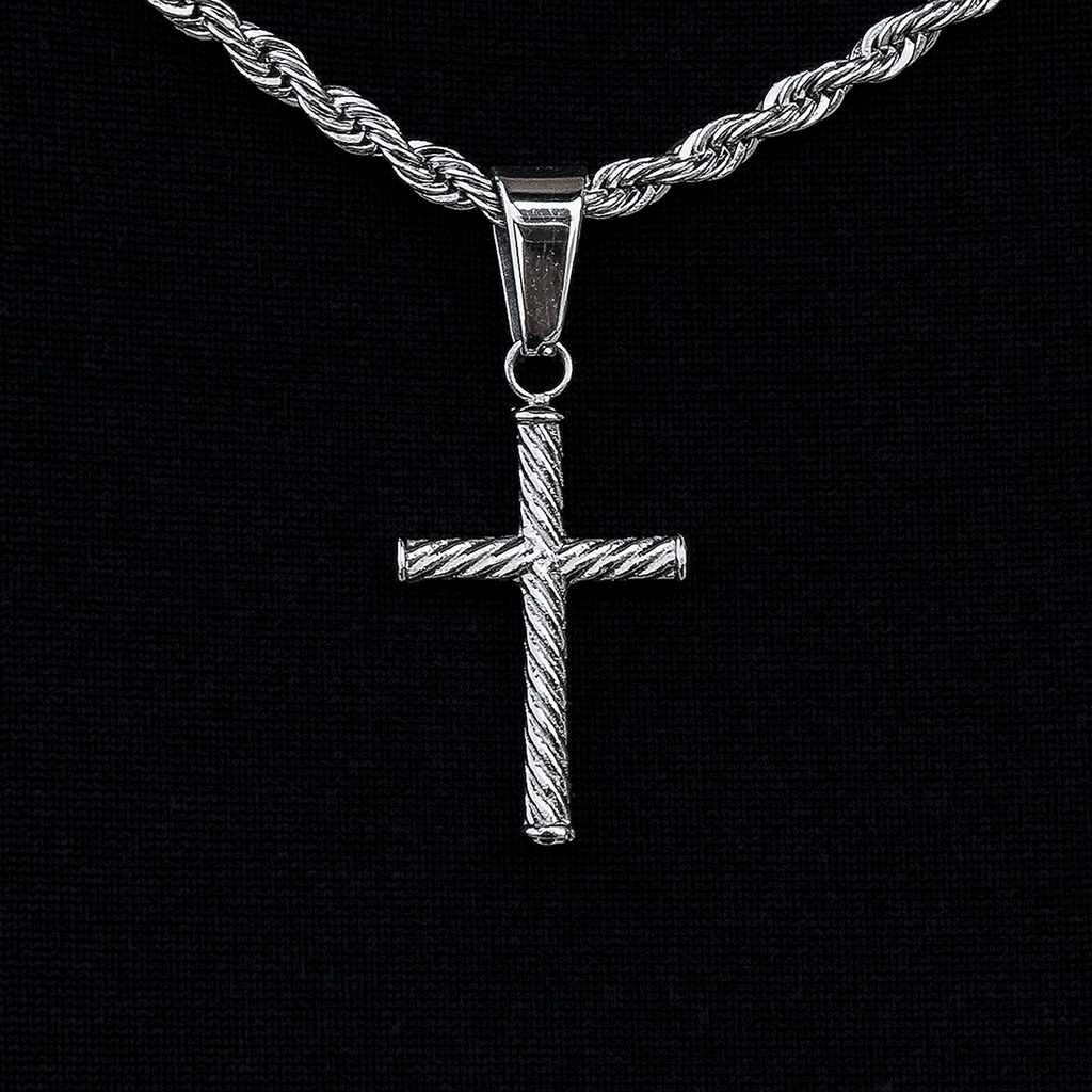 Micro Twisted Rope Cross Pendant in White Gold
