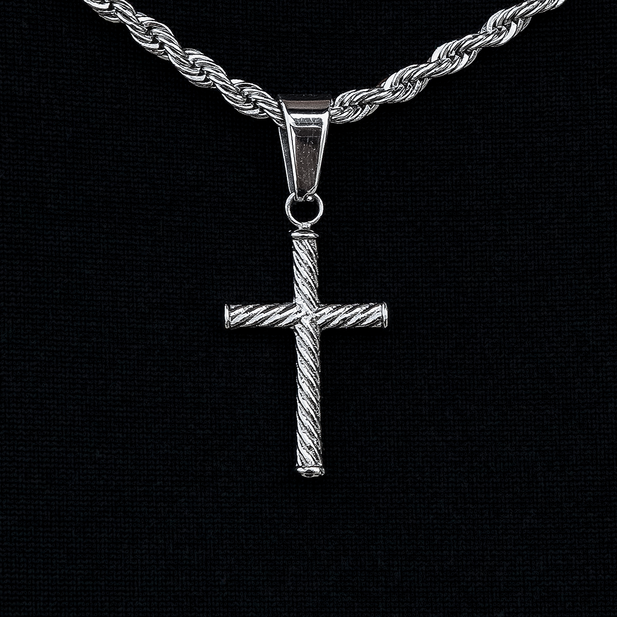 Micro Twisted Rope Cross Pendant in White Gold