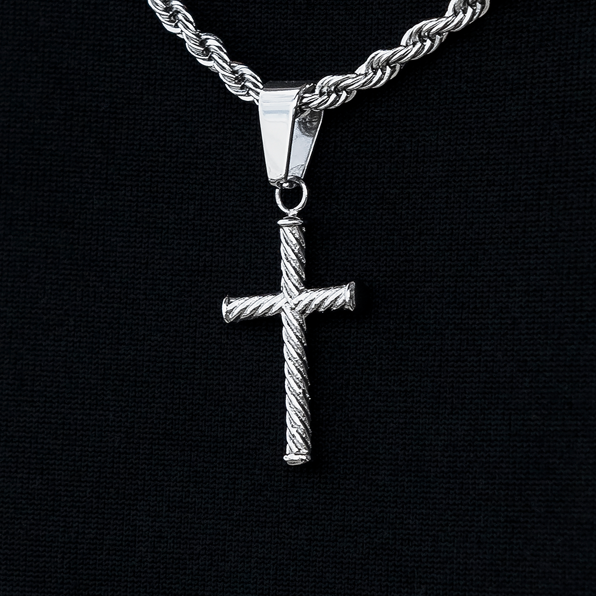 Micro Twisted Rope Cross Pendant in White Gold