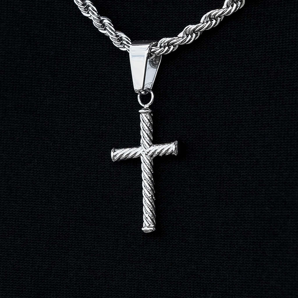 Micro Twisted Rope Cross Pendant in White Gold