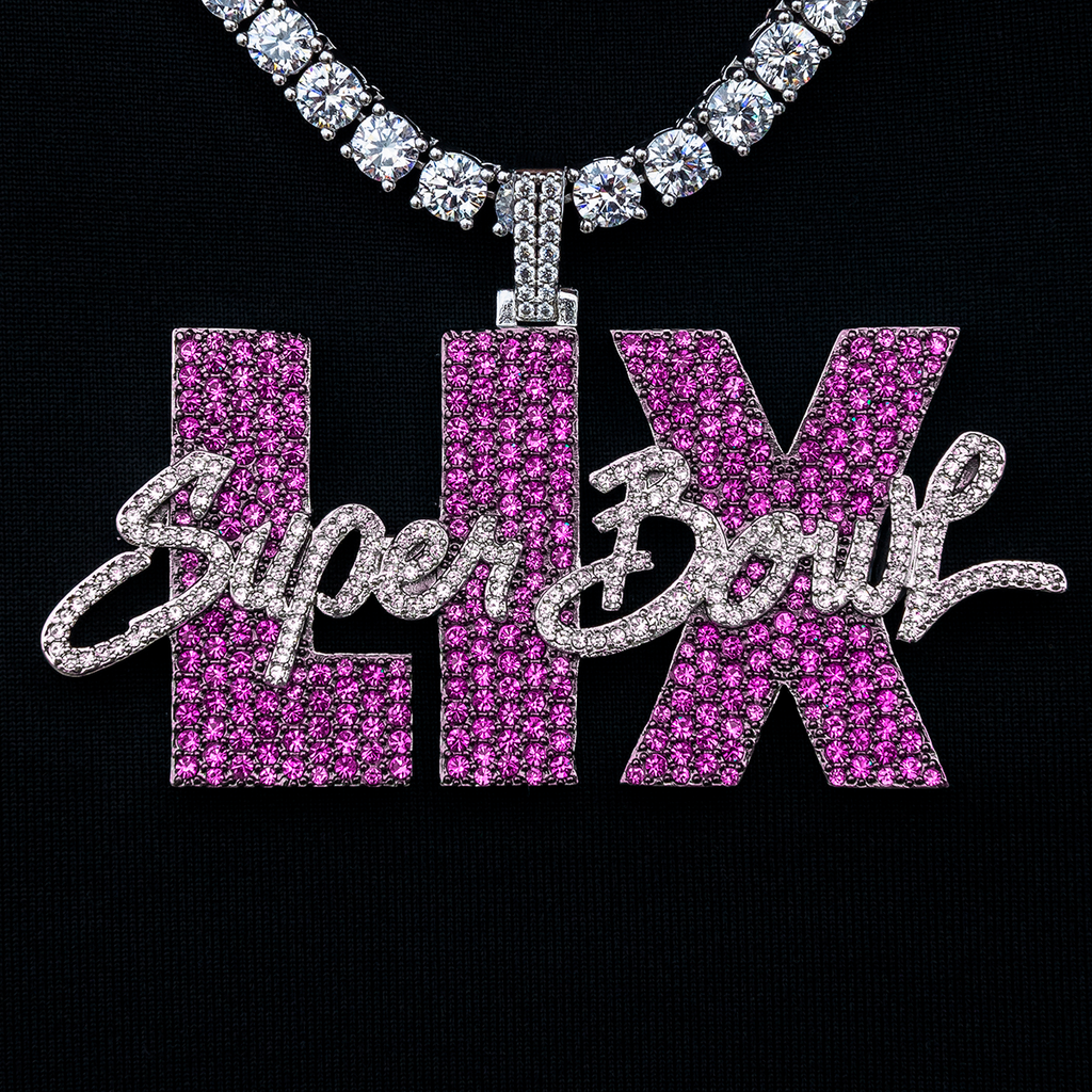Super Bowl LIX Official NFL Pink Wordmark Pendant in White Gold
