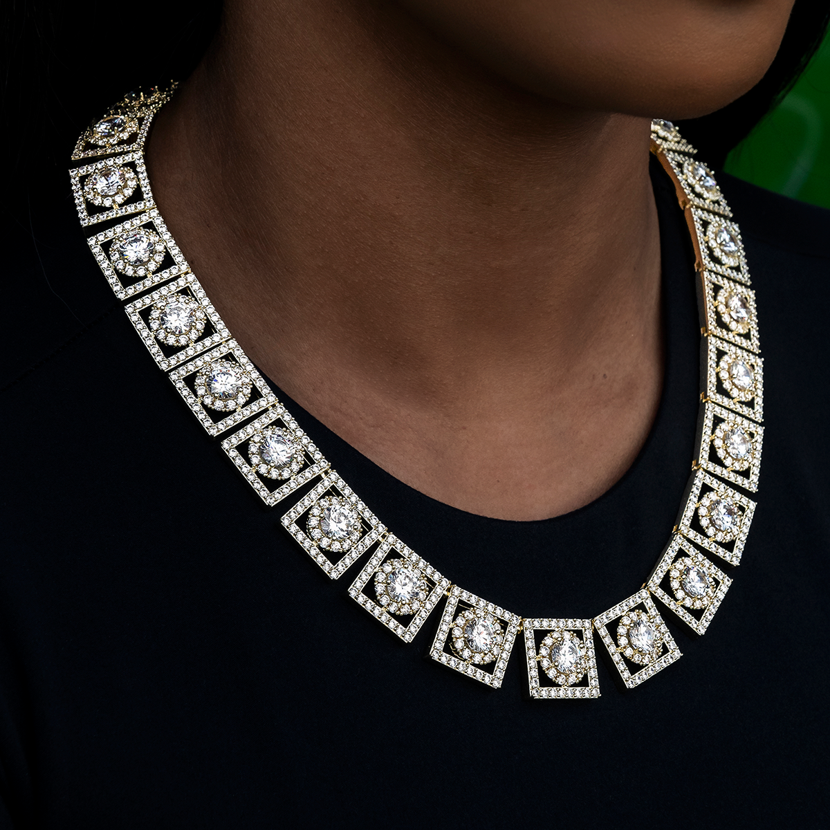Layered Halo Diamond Link Necklace in Yellow Gold