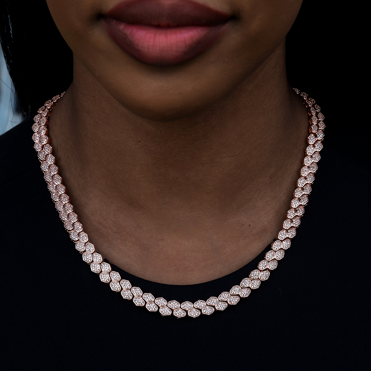 Diamond Pave Flat Snake Link Necklace in Rose Gold-4mm