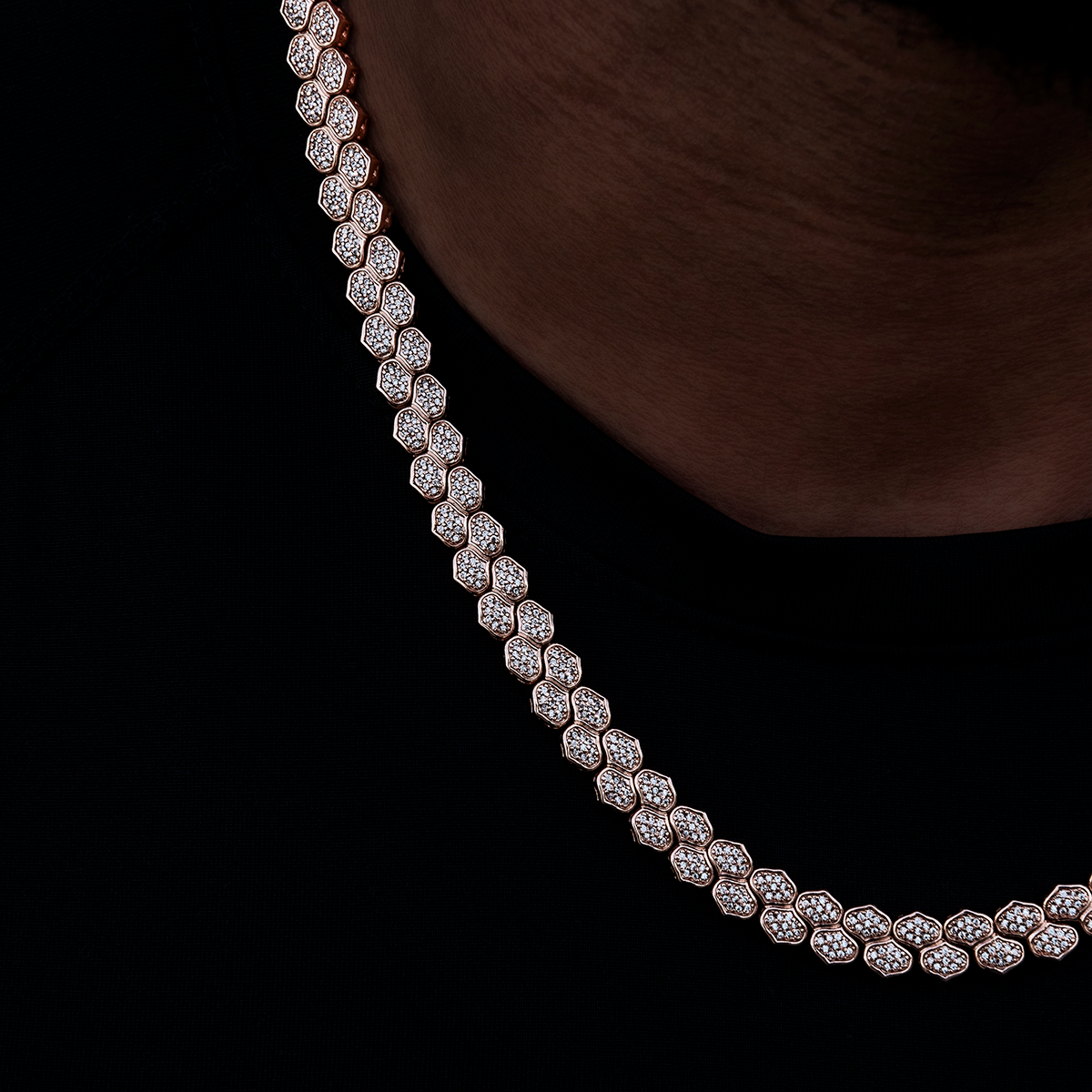 Diamond Pave Flat Snake Link Chain in Rose Gold-4mm