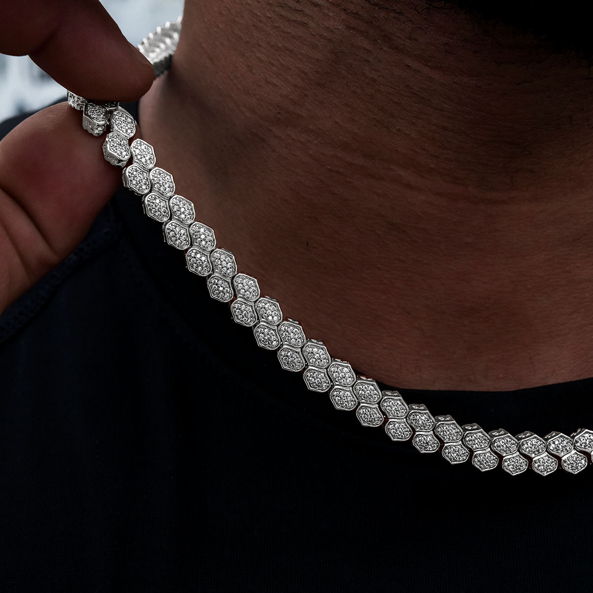 Diamond Pave Flat Snake Link Chain in White Gold-4mm