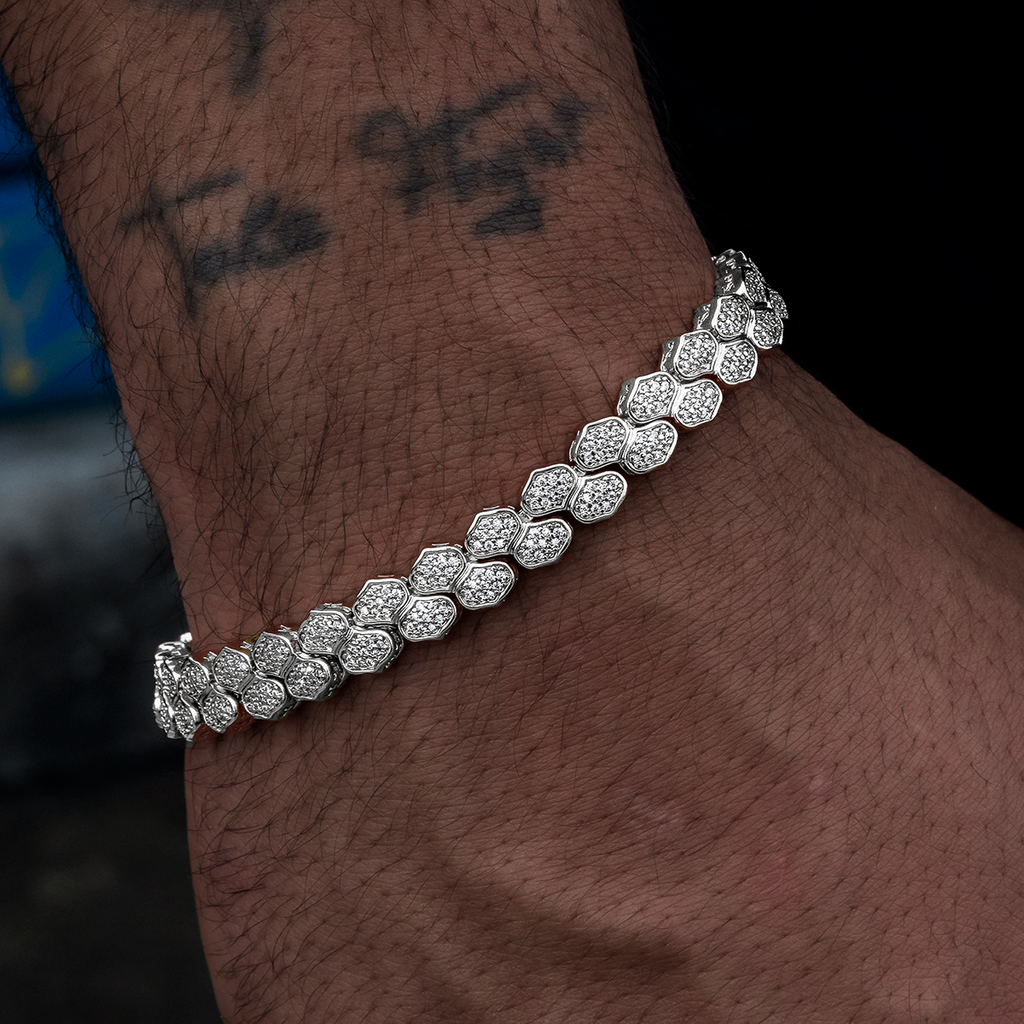 Diamond Pave Flat Snake Link Bracelet in White Gold -4mm