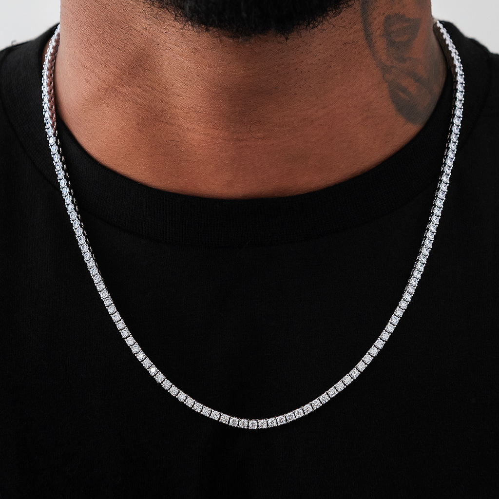 Diamond Cross Pendant + Diamond Tennis Chain in White or Yellow Gold - 3mm