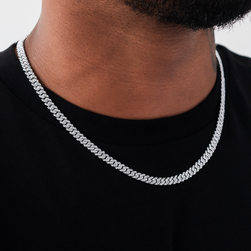 GLD Micro Diamond Prong Cuban Necklace in White Gold - 6mm
