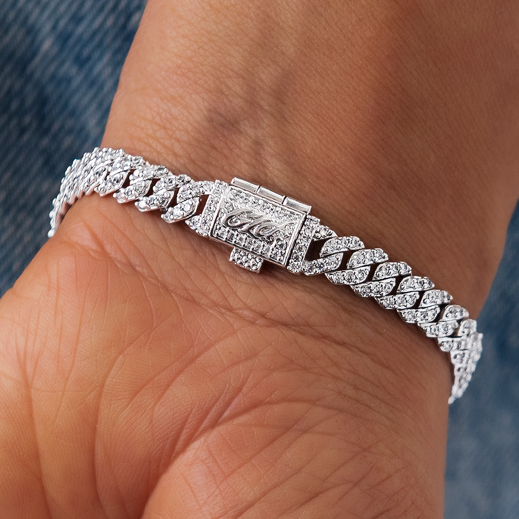 GLD Micro Diamond Prong Cuban Bracelet in White Gold - 6mm