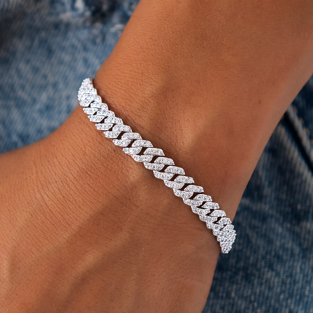Micro Diamond Prong Cuban Bracelet in White Gold - 6mm