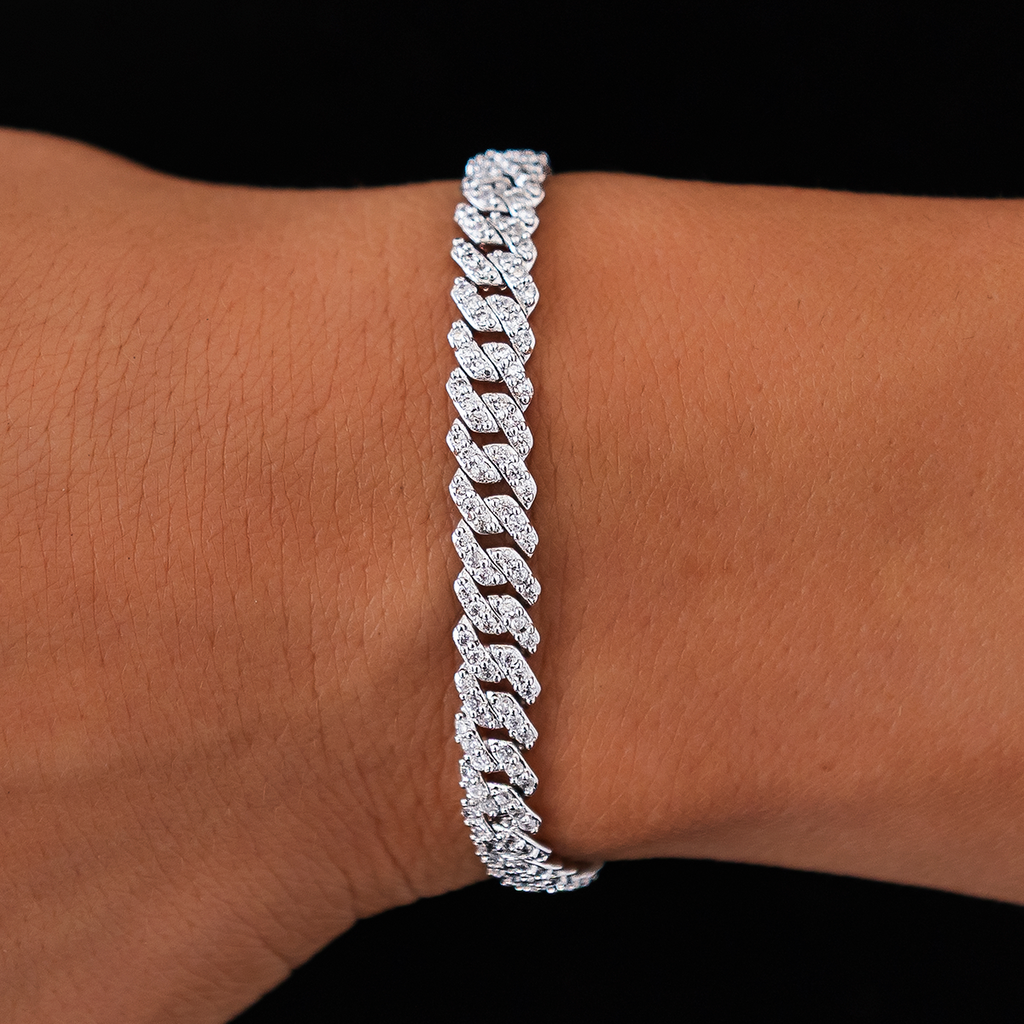 GLD Micro Diamond Prong Cuban Bracelet in White Gold - 6mm