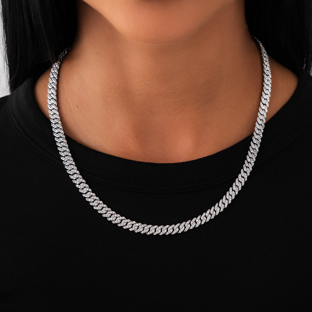 GLD Micro Diamond Prong Cuban Necklace in White Gold - 6mm