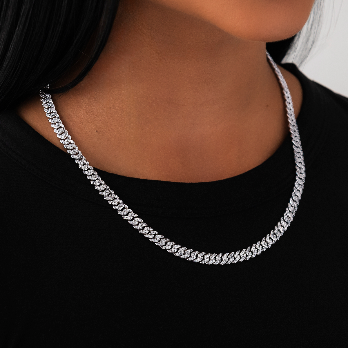 GLD Micro Diamond Prong Cuban Necklace in White Gold - 6mm