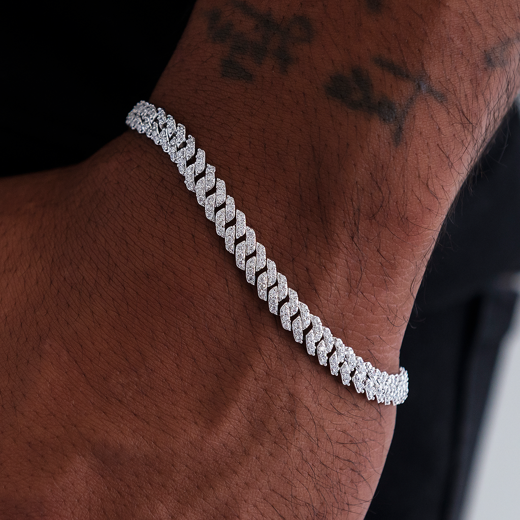 Micro Diamond Prong Cuban Bracelet in White Gold - 6mm