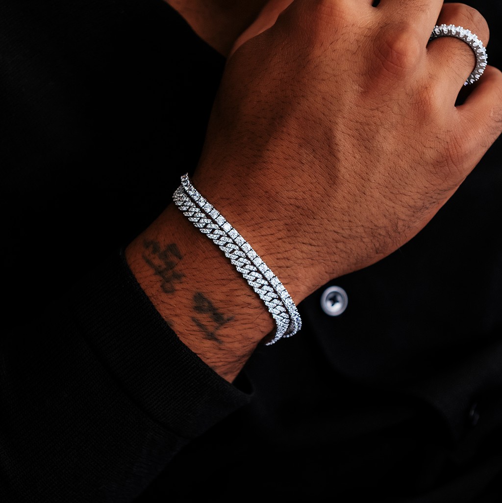 GLD Micro Diamond Prong Cuban Bracelet in White Gold - 6mm