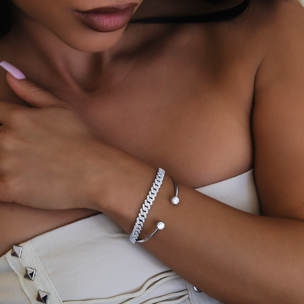 GLD Micro Diamond Prong Cuban Bracelet in White Gold - 6mm