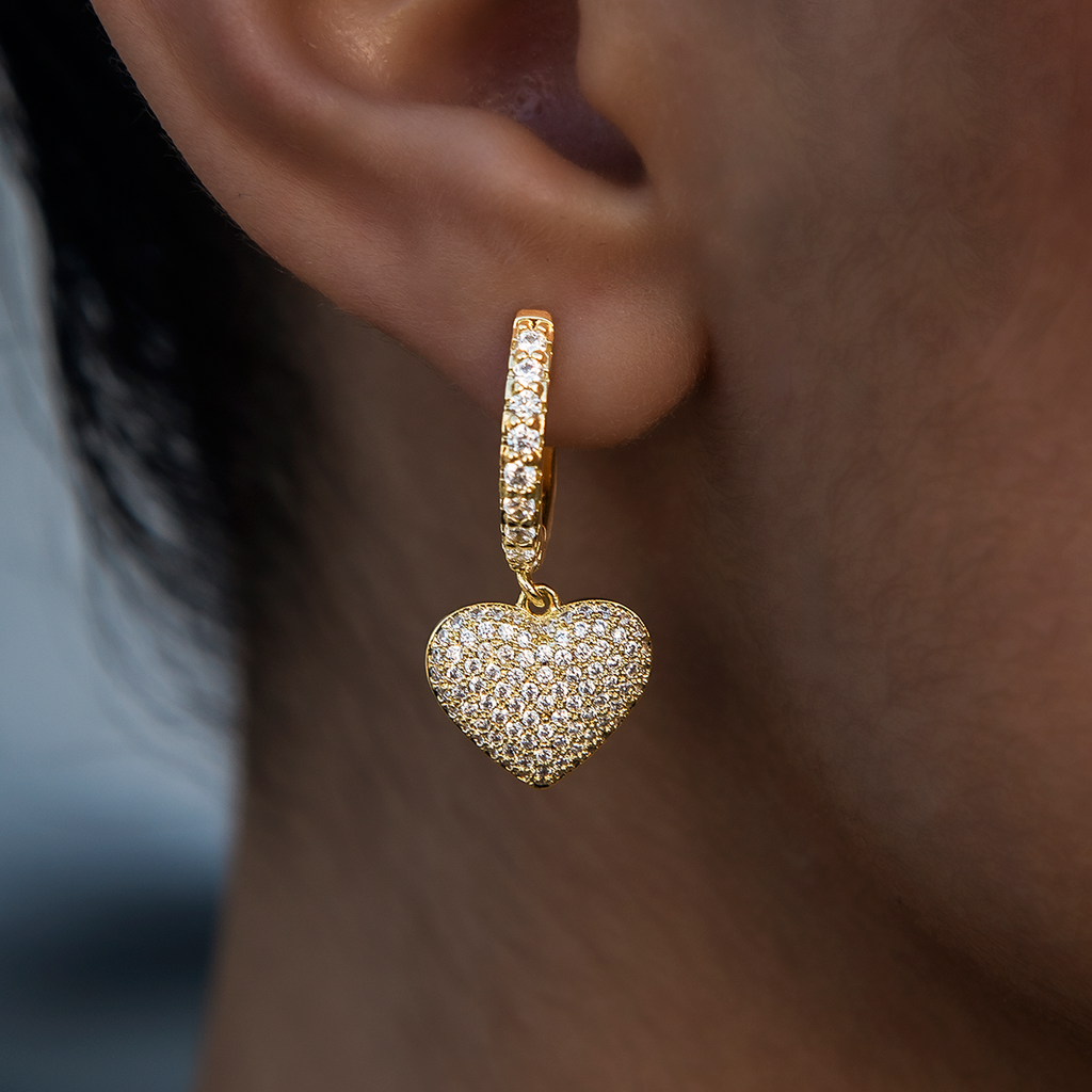 Pave Heart Hoop Earrings in Yellow Gold