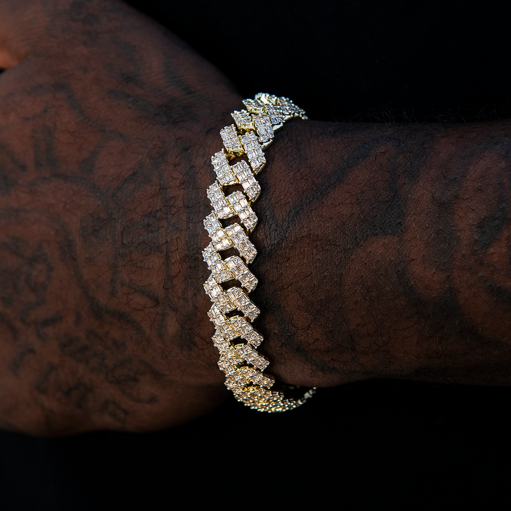 12MM Prong Baguette Cuban Bracelet - Gold