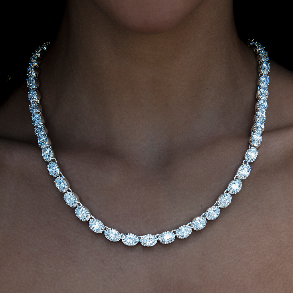 Diamond Oval Clustered Tennis Necklace in White Gold- 4mm