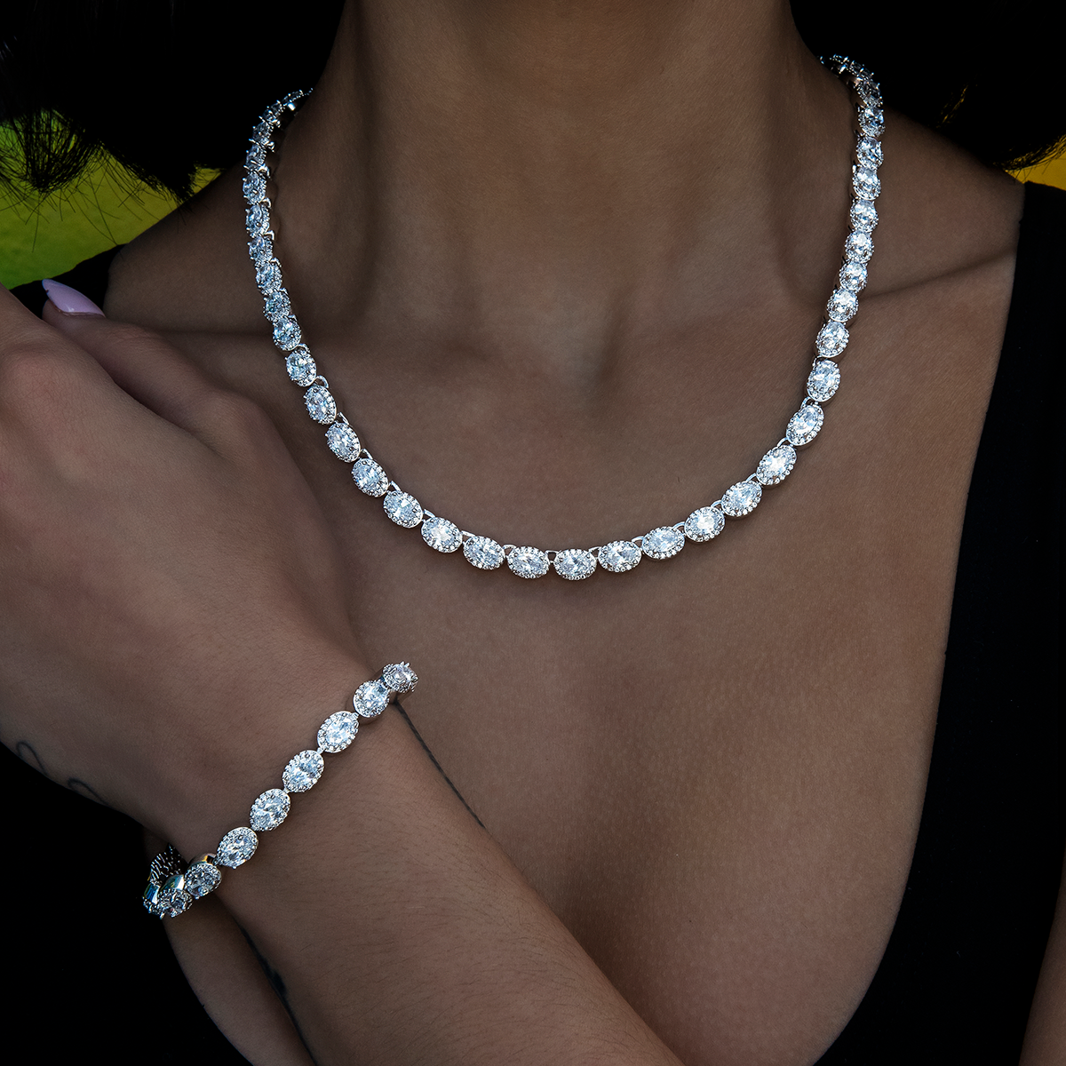 Diamond Oval Clustered Tennis Necklace + Bracelet Bundle in White Gold- 4mm