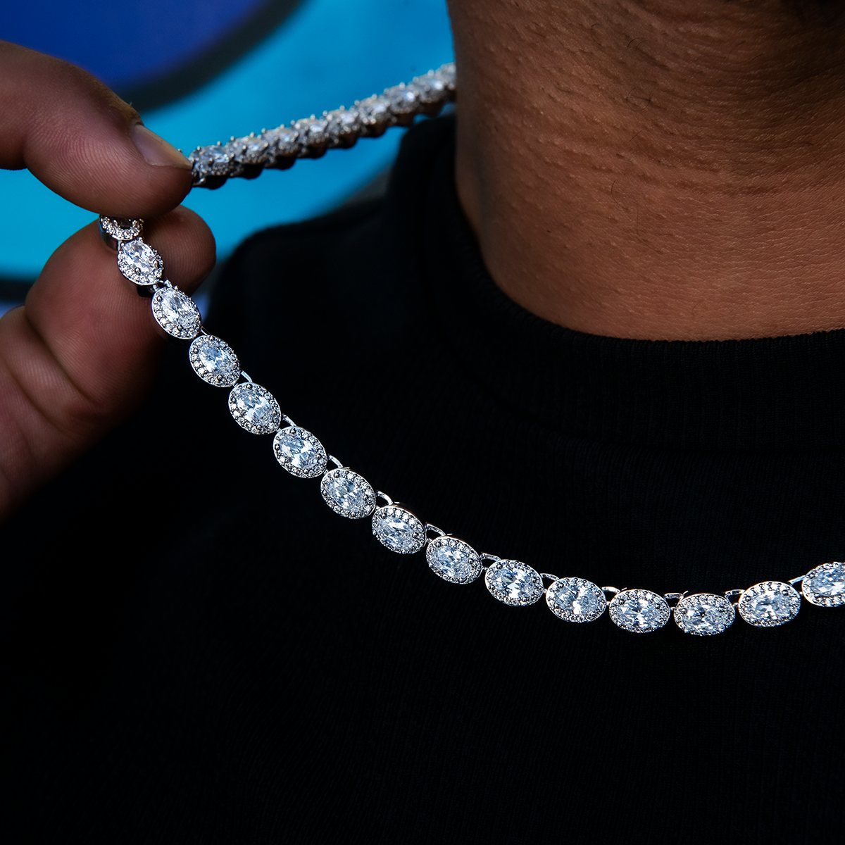Diamond Oval Clustered Tennis Chain in White Gold- 4mm