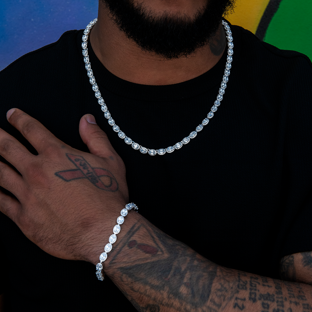 Diamond Oval Clustered Tennis Chain in White Gold- 4mm