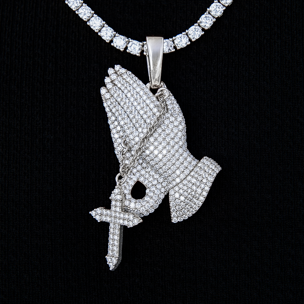 Men's Moissanite Praying Hands Pendant in White Gold Vermeil