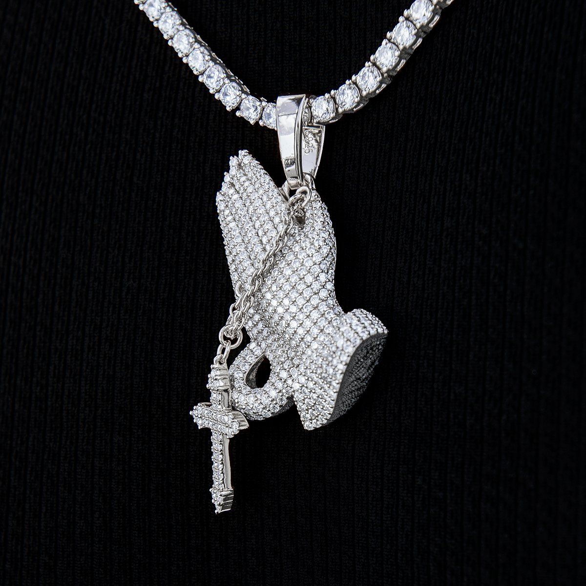 Moissanite Praying Hands Pendant in Sterling Silver