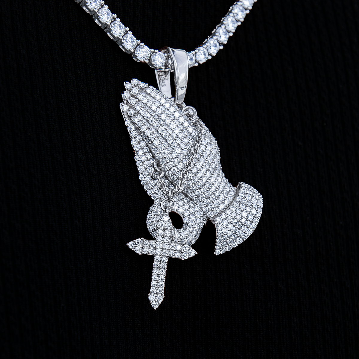 Moissanite Praying Hands Pendant in Sterling Silver
