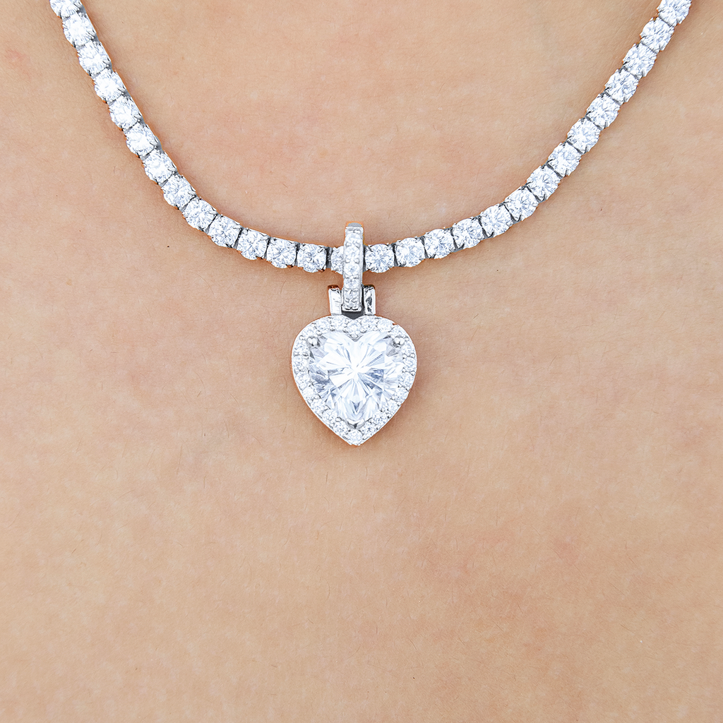 Moissanite Micro Iced Heart Pendant in Sterling Silver