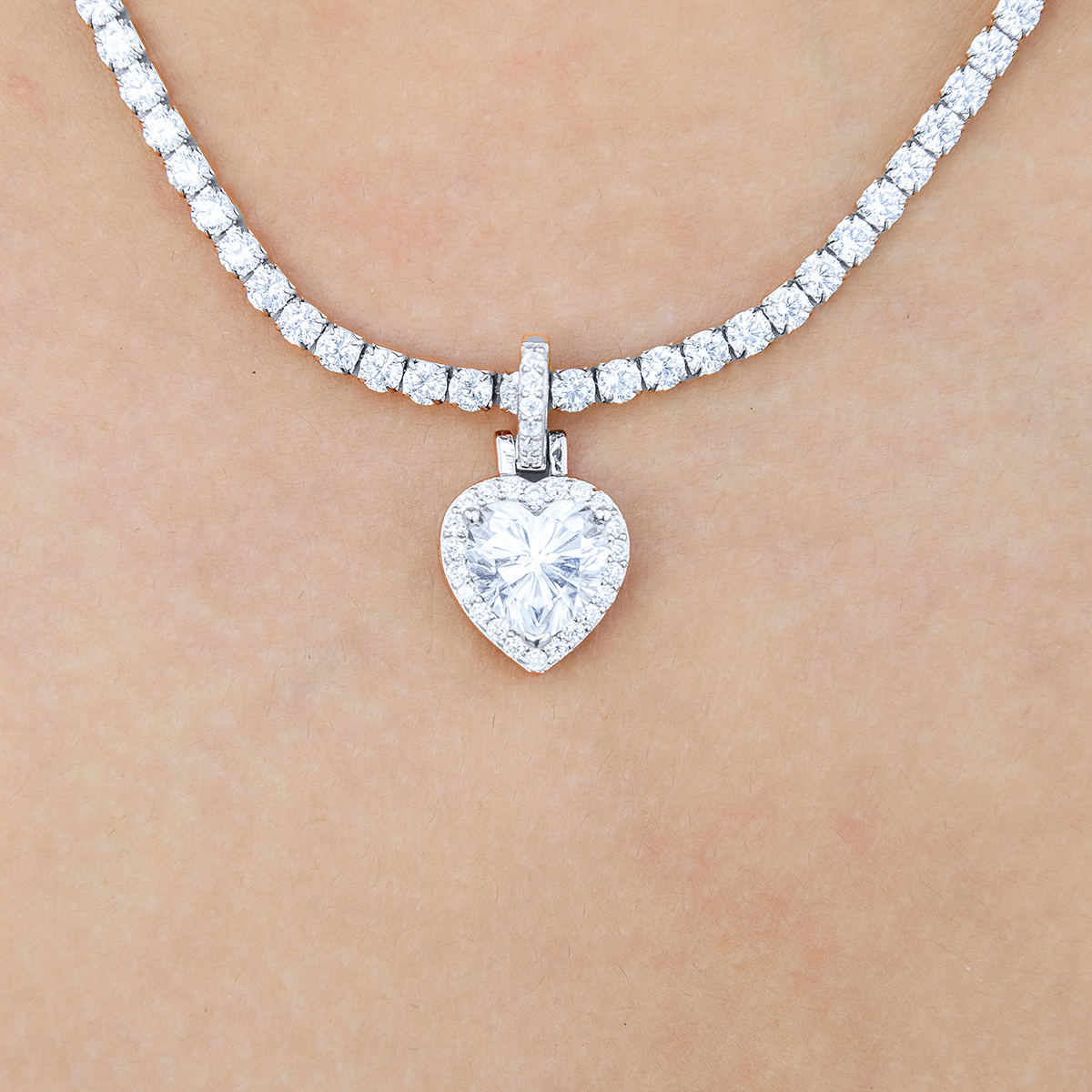 Moissanite Micro Iced Heart Pendant in Sterling Silver