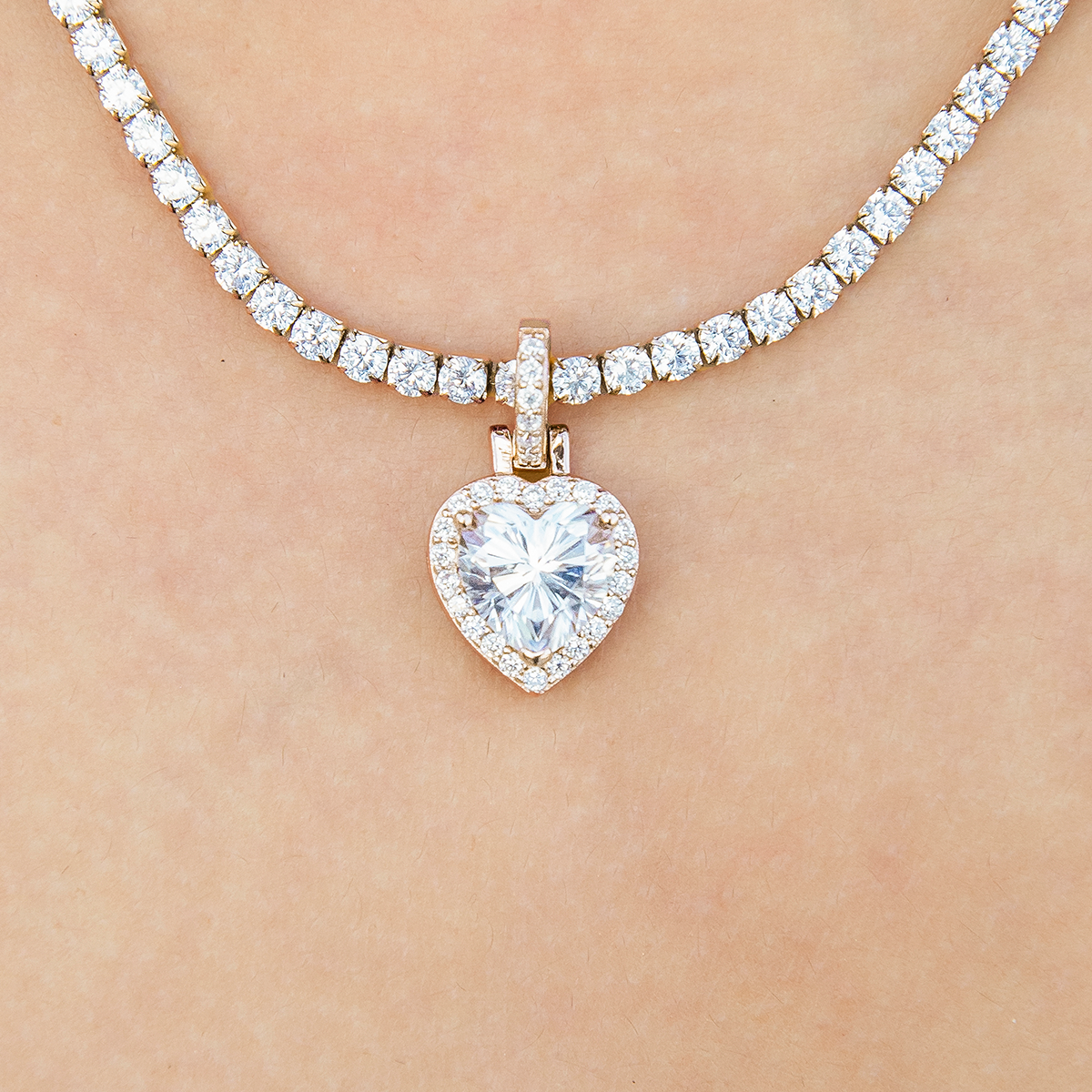 Women's Moissanite Micro Iced Heart Pendant in Yellow Gold Vermeil