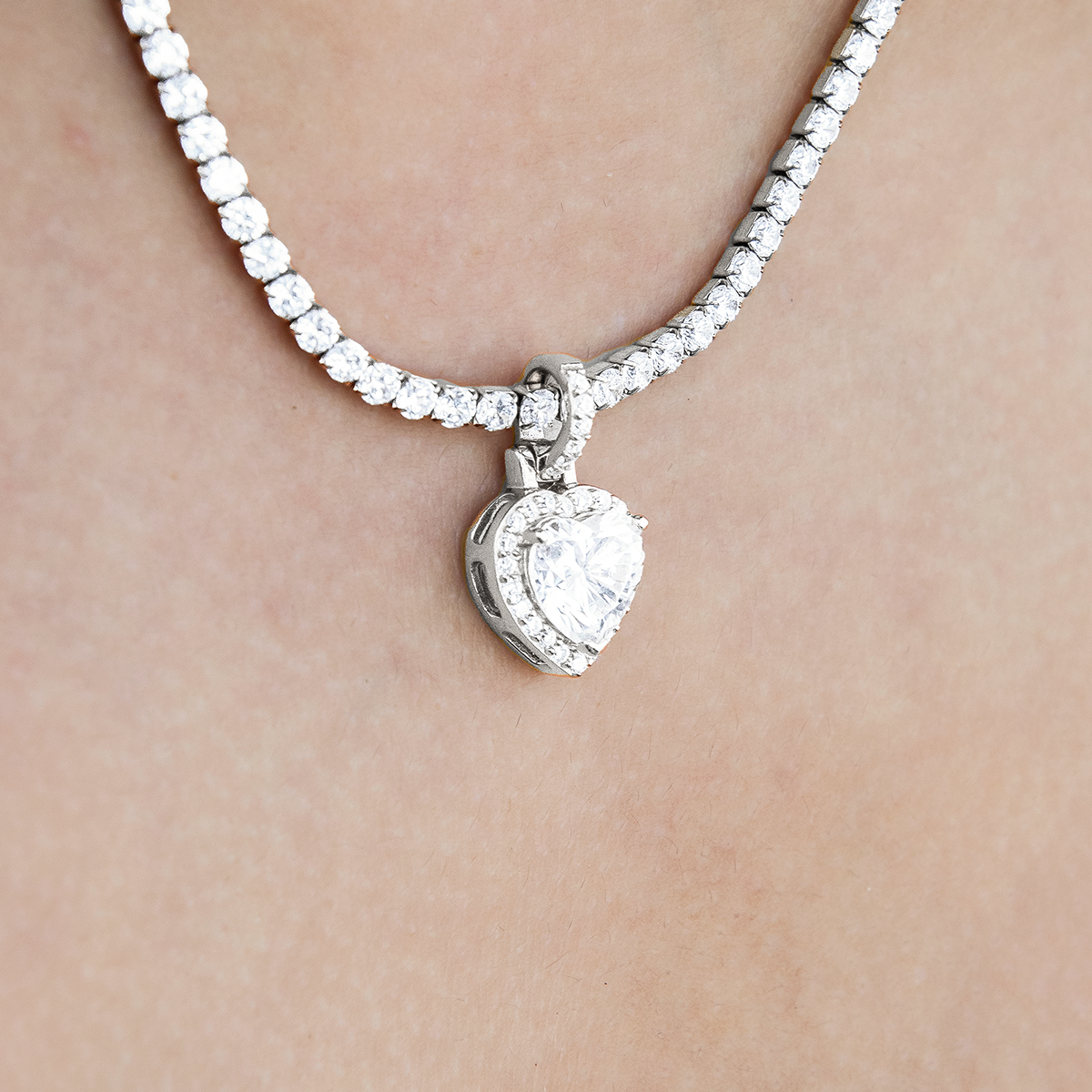 Moissanite Micro Iced Heart Pendant in Sterling Silver
