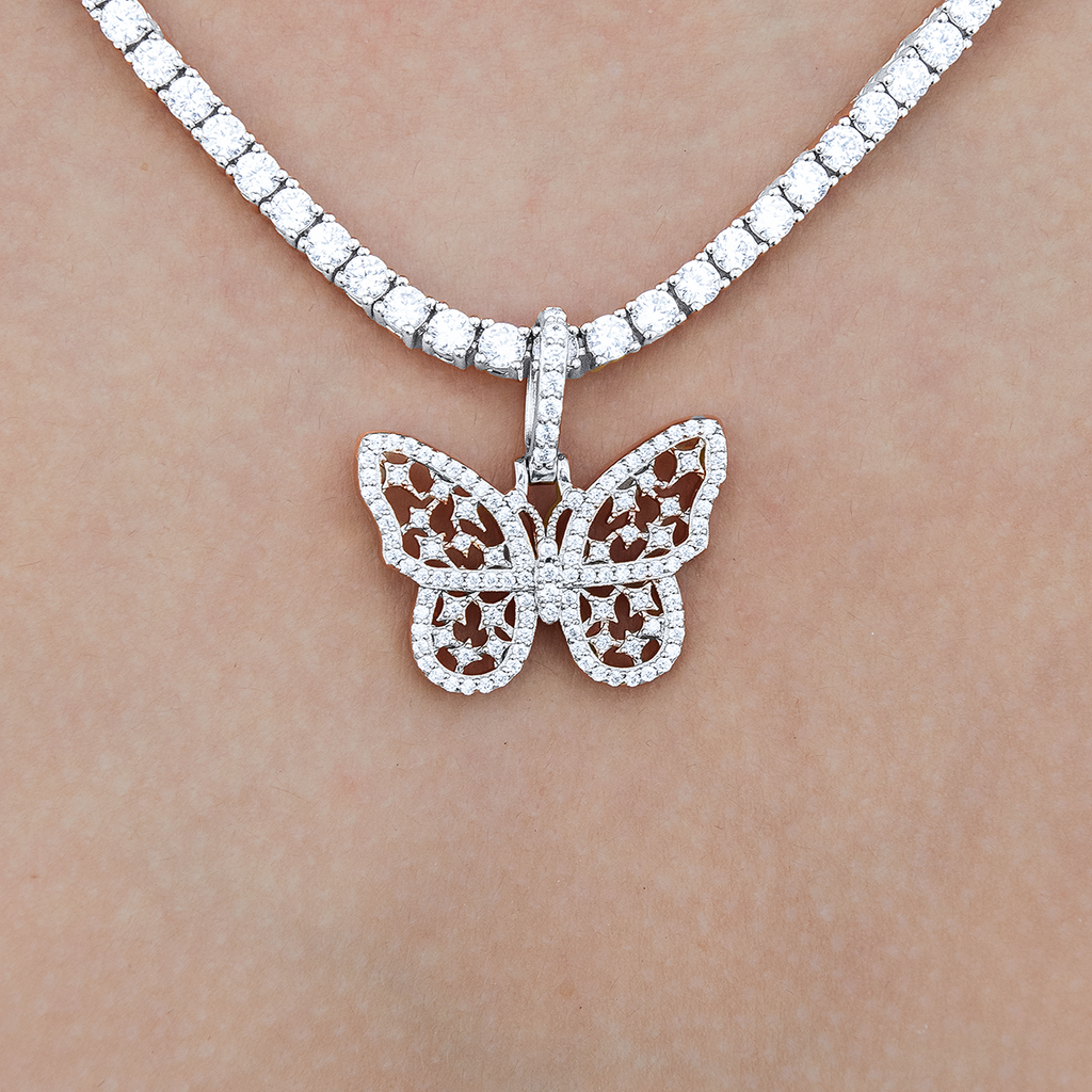 Women's Moissanite Small Butterfly Pendant in White Gold Vermeil