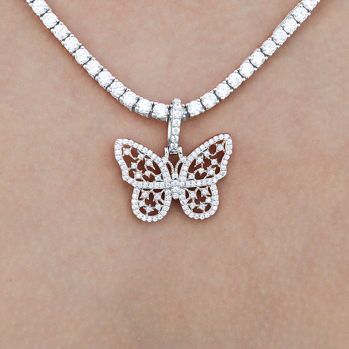 Women's Moissanite Small Butterfly Pendant in White Gold Vermeil