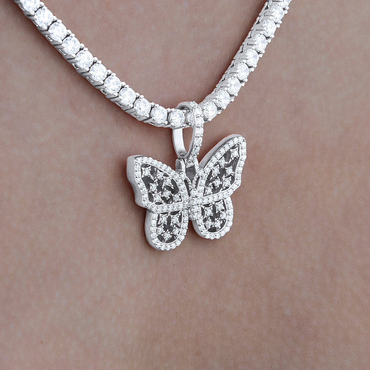 Women's Moissanite Small Butterfly Pendant in White Gold Vermeil