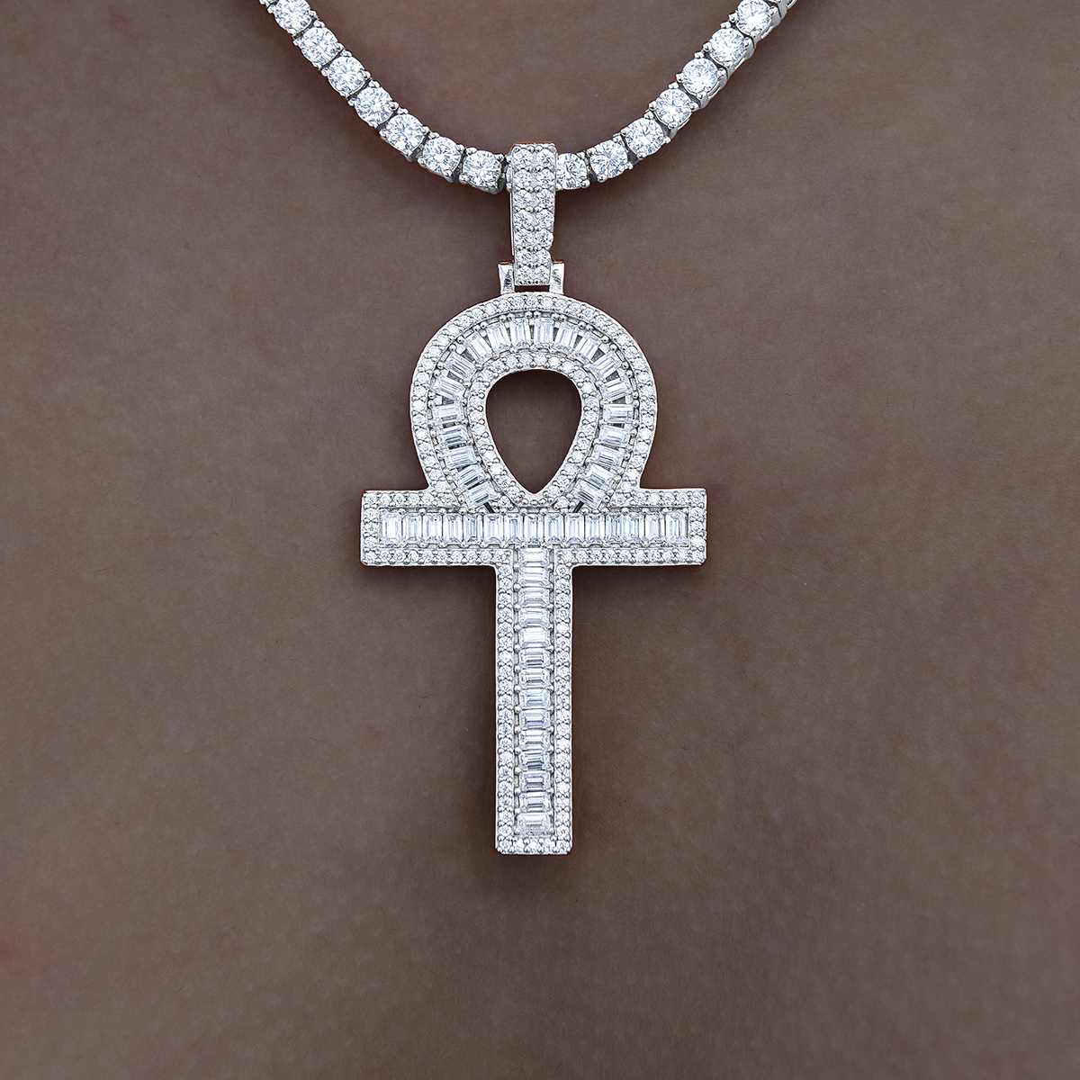 Moissanite Ankh Cross Pendant in Sterling Silver
