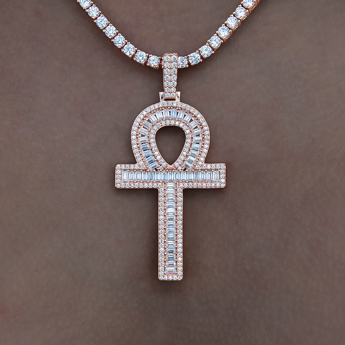 Women's Moissanite Ankh Cross Pendant in Rose Gold Vermeil