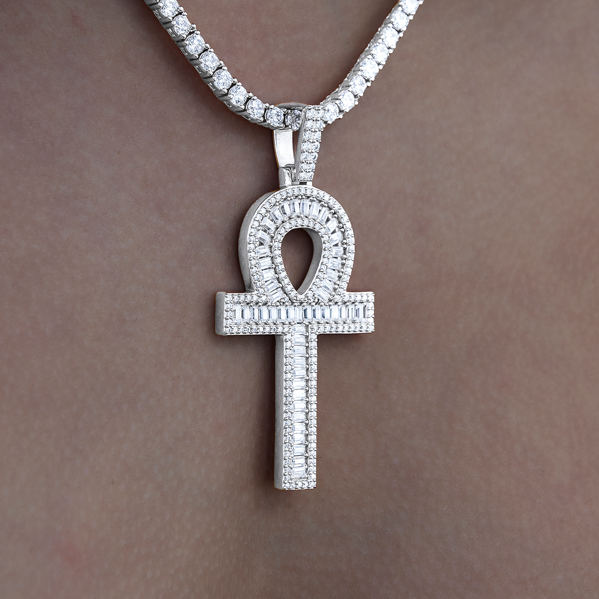 Moissanite Ankh Cross Pendant in Sterling Silver