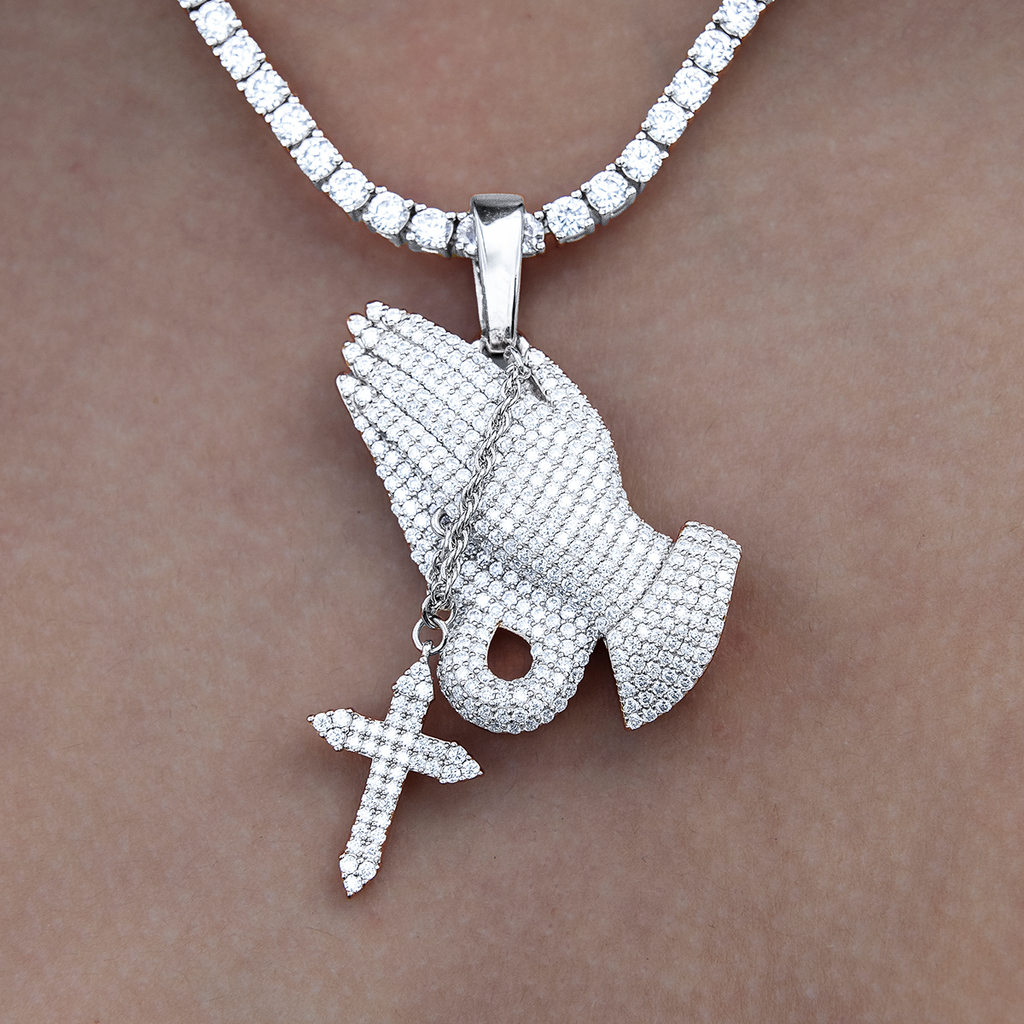 Women's Moissanite Praying Hands Pendant in White Gold Vermeil