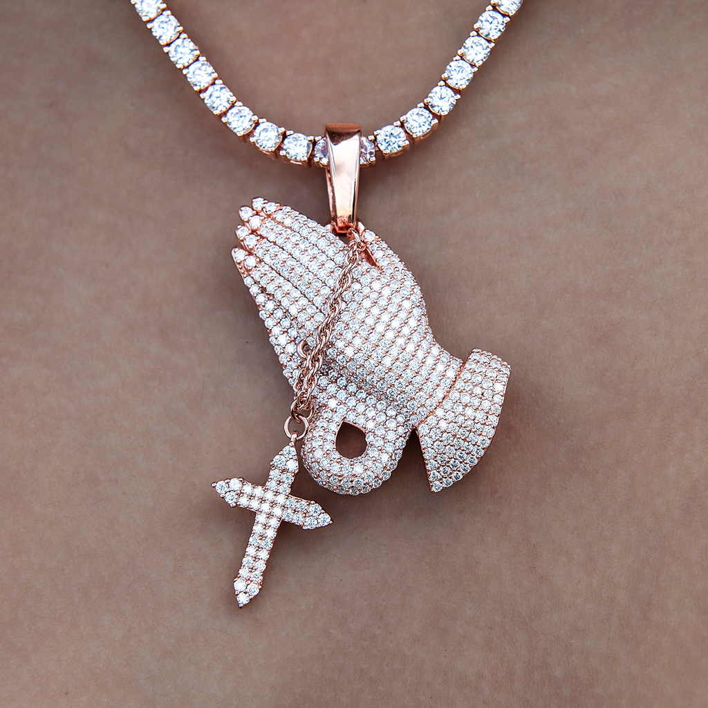 Women's Moissanite Praying Hands Pendant in Rose Gold Vermeil