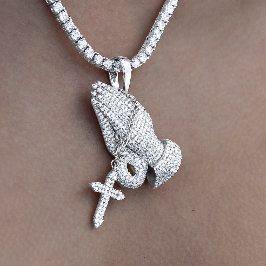 Women's Moissanite Praying Hands Pendant in White Gold Vermeil