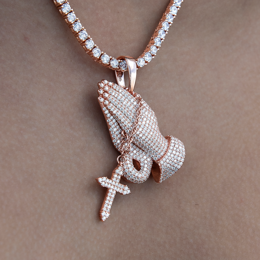 Women's Moissanite Praying Hands Pendant in Rose Gold Vermeil