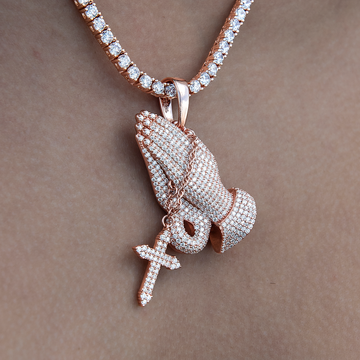 Women's Moissanite Praying Hands Pendant in Rose Gold Vermeil