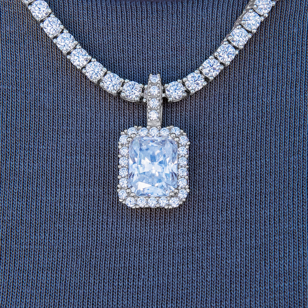Men's Moissanite Micro Diamond Stone Pendant in White Gold Vermeil
