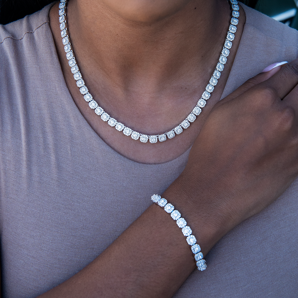 Micro Clustered Tennis Necklace + Bracelet Bundle in White Gold
